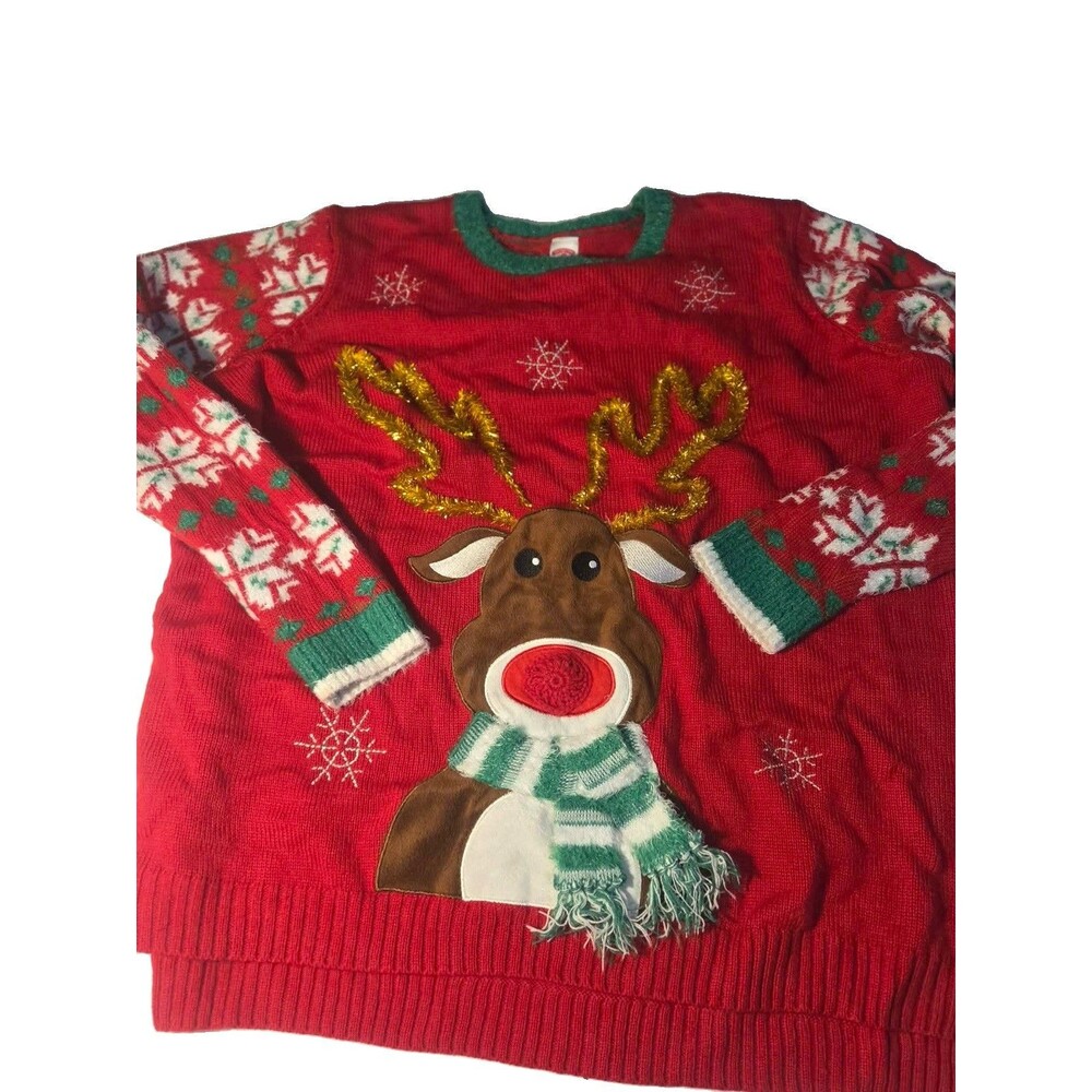 Women’s Rudolph Ugly Christmas/Holiday Sweater Size 3XL Fringe & Scarf On Shirt